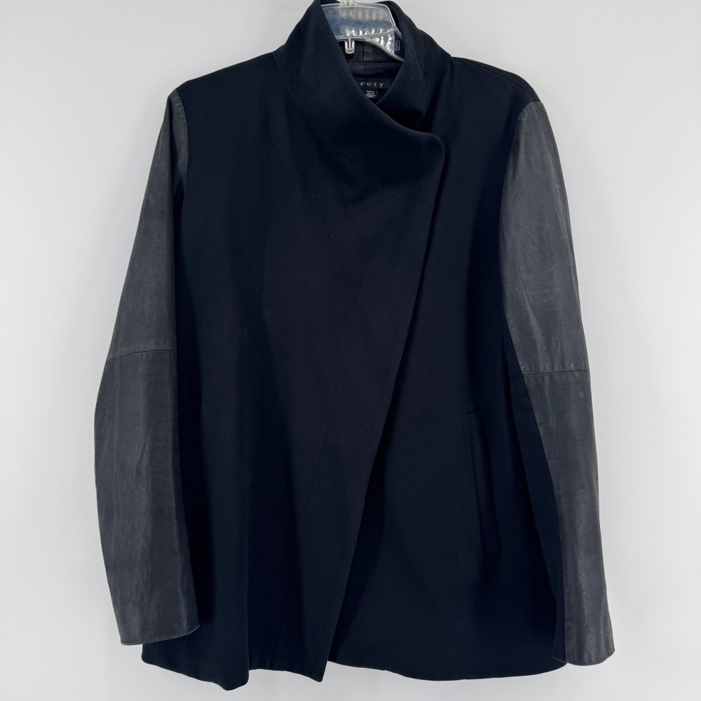 Theory Naomi Classical Jacket Womens Small Black Leather Sleeve Mixed Media Coat
